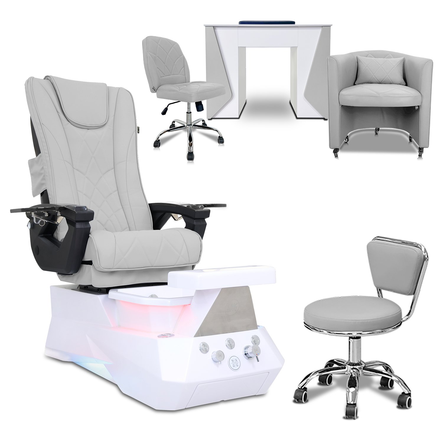 COMBO 5-PIECE SET -  Free Shipping + Gifts | Ethan Pedicure Chair - Mesmer Nail Table, Armchair Venus Technician & Customer Chairs