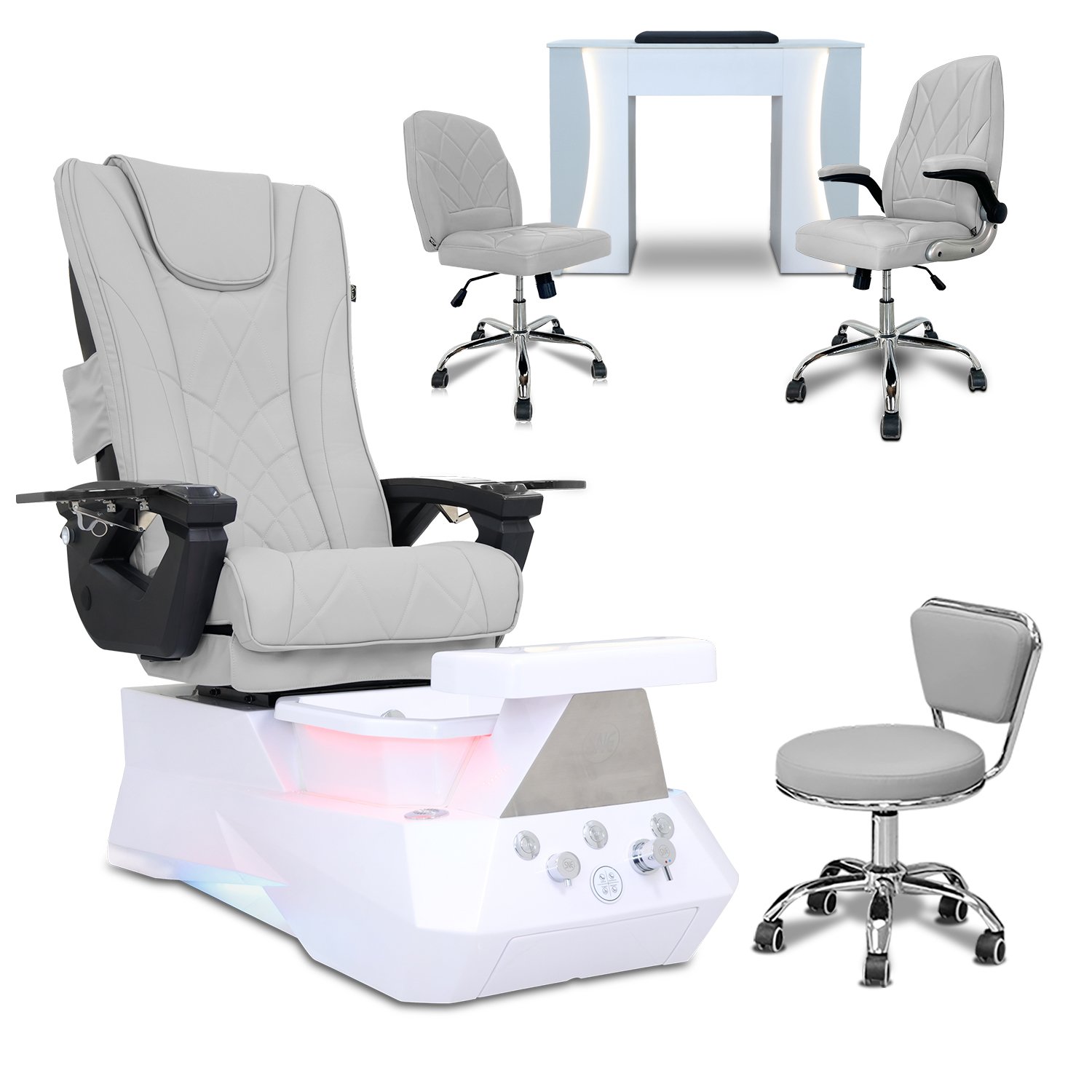 COMBO 5-PIECE SET - Free Shipping + Gifts | Ethan Pedicure Chair Set, Venus LED Nail Table, Venus Technician & Customer Chairs
