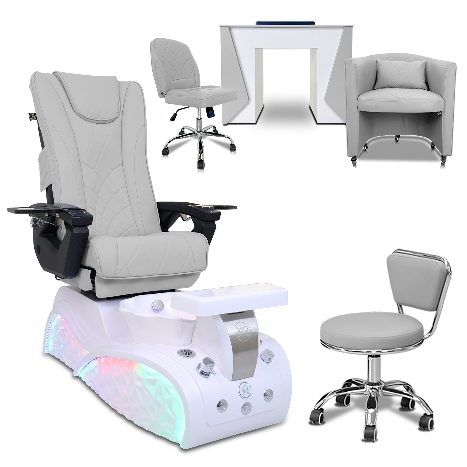 COMBO 5-PIECE SET -  Free Shipping + Gifts | Sophia Pedicure Chair - Mesmer Nail Table, Armchair Venus Technician & Customer Chairs