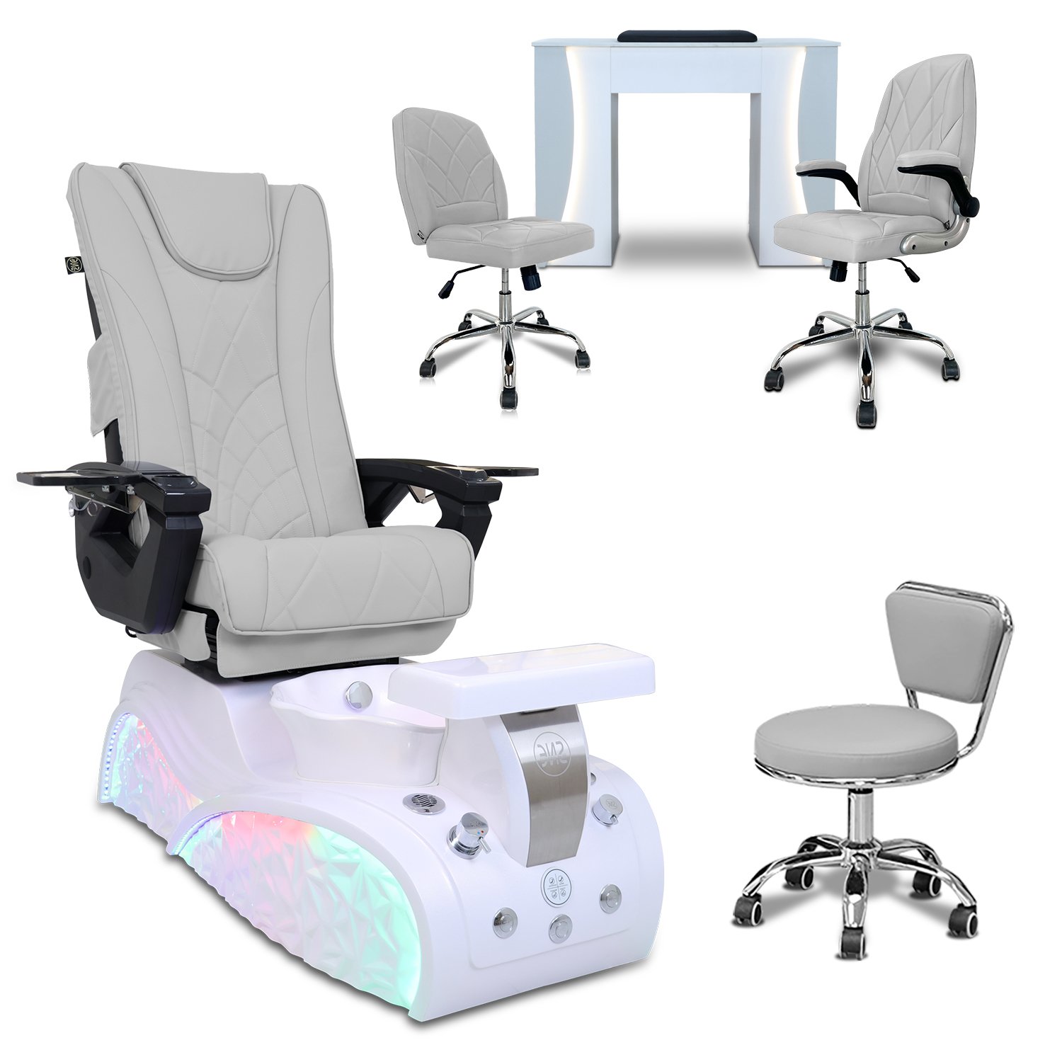 COMBO 5-PIECE SET - Free Shipping + Gifts | Sophia Pedicure Chair Set, Venus LED Nail Table, Venus Technician & Customer Chairs