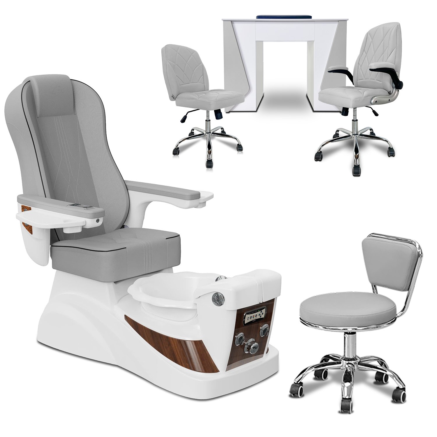 COMBO 5-PIECES SET -  Free Shipping + Gifts | Leo Pedicure Chair - Mesmer Nail Table, Venus Technician & Customer Chairs