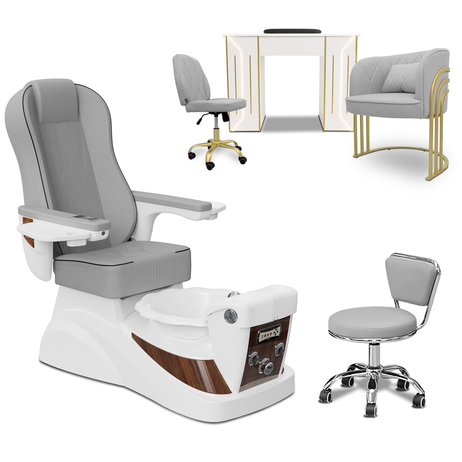 COMBO 5-PIECES SET -  Free Shipping + Gifts | Leo Pedicure Chair (White Base) – Royal Nail Table, Troy Armchair Set